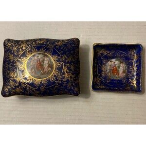 VTG Hand Painted Trinket Box & Tray By M&R . Navy & Gold. Victorian Design